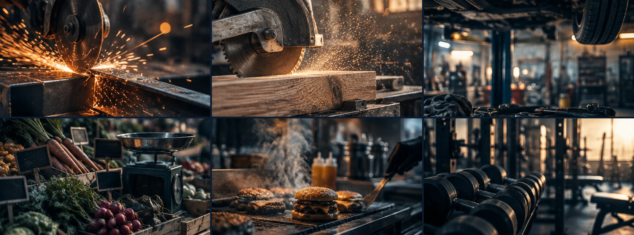 Sechs Arbeitssituationen: Metallwerkstatt, Holzzuschnitt, Kfz-Hebebühne, Marktstand, Imbissgrill und Fitnessstudio